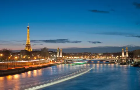 Eiffel Tower and Pont Alexandre III at dusk, Paris