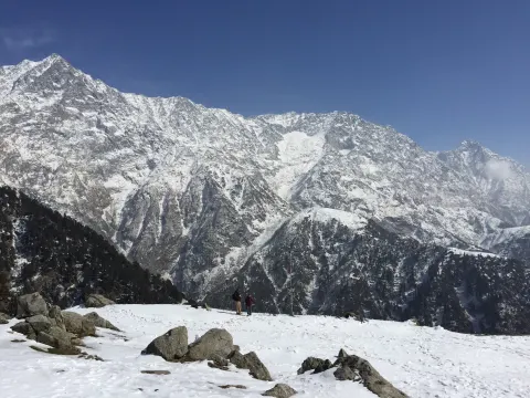 Snow-covered Dhauladhar range seen from Triund, Himachal Pradesh