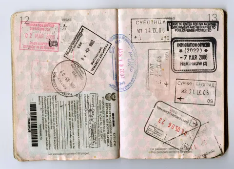 Passport pages with visa and immigration stamps